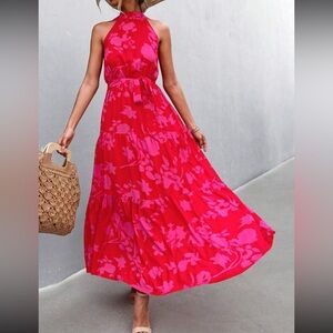 Allover print belted halter maxi dress